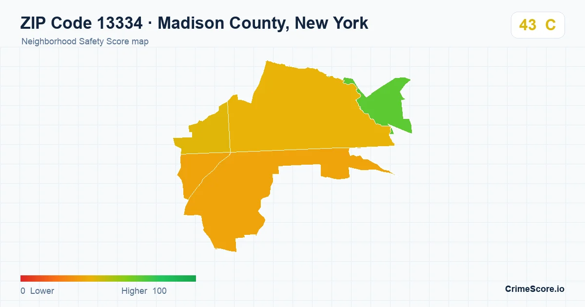 ZIP Code 13334 in Madison County, New York neighborhood Safety Score map