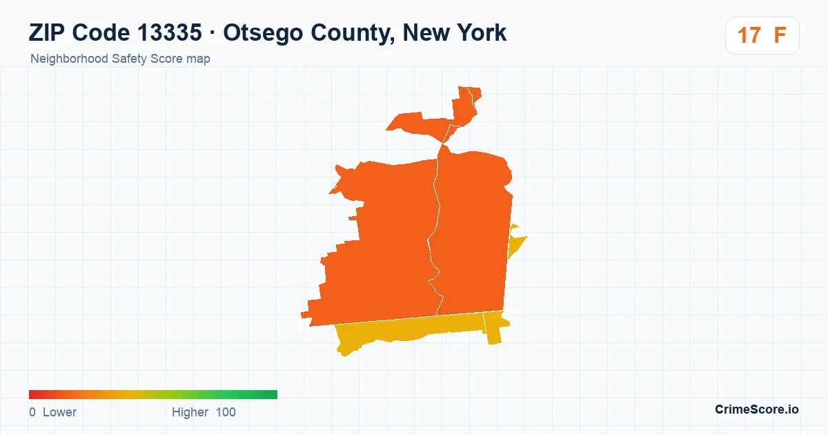 ZIP Code 13335 in Otsego County, New York neighborhood Safety Score map