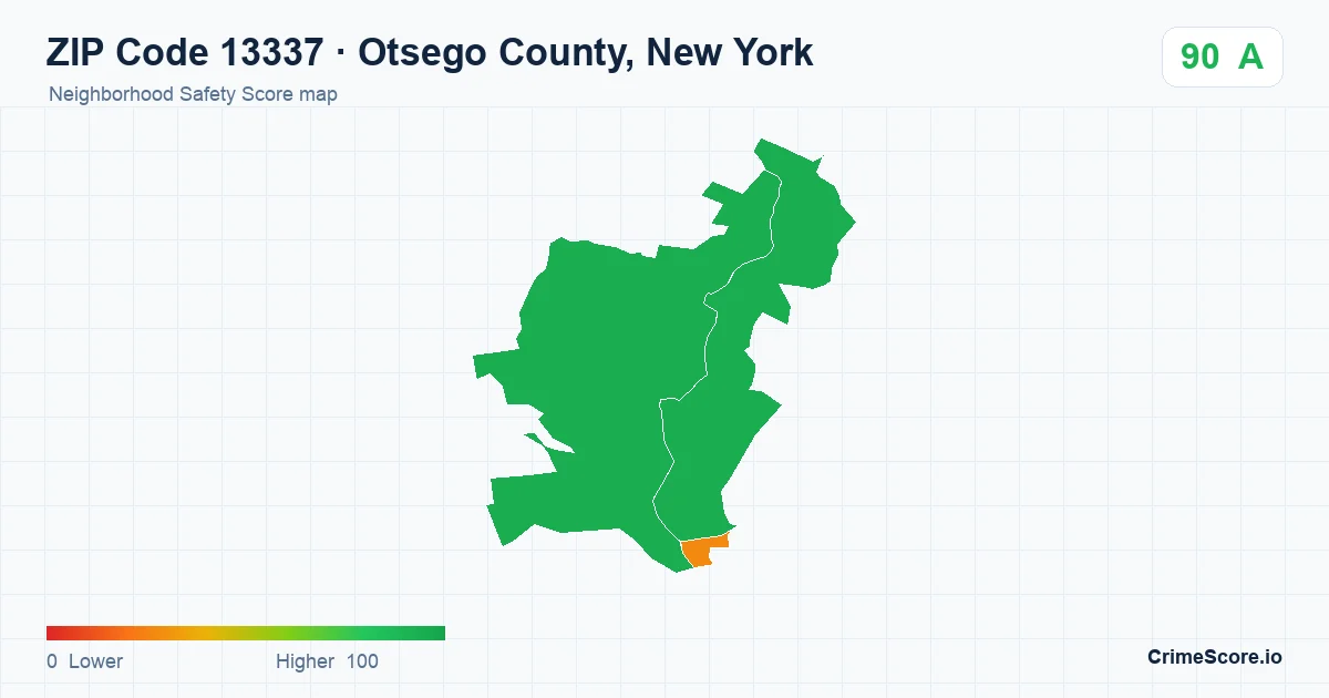 ZIP Code 13337 in Otsego County, New York neighborhood Safety Score map
