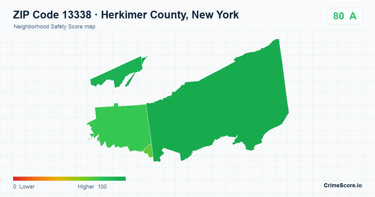 ZIP Code 13338 in Herkimer County, New York neighborhood Safety Score map
