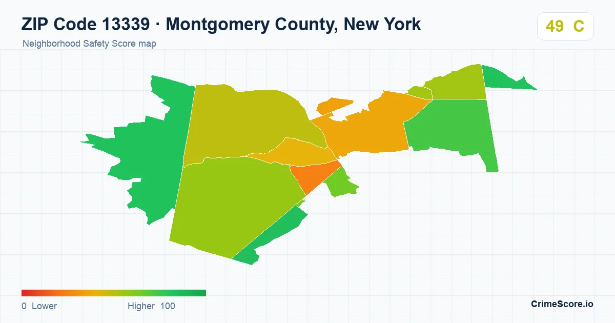 ZIP Code 13339 in Montgomery County, New York neighborhood Safety Score map
