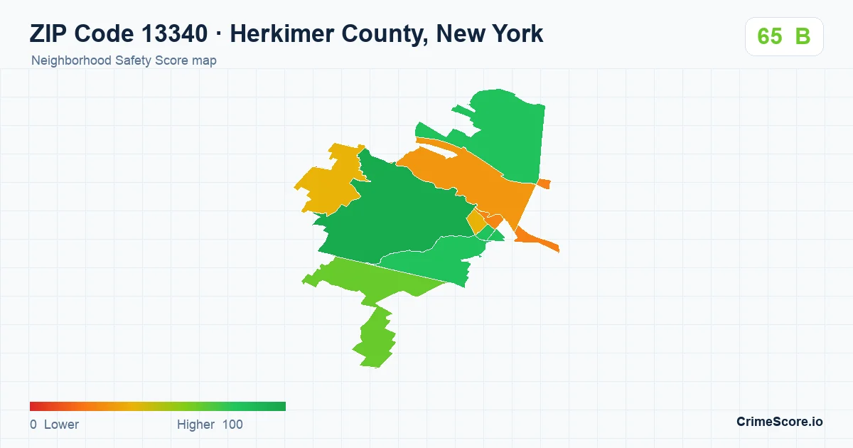 ZIP Code 13340 in Herkimer County, New York neighborhood Safety Score map