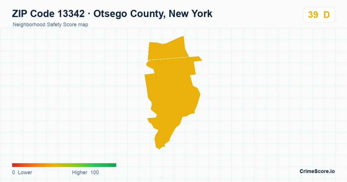 ZIP Code 13342 in Otsego County, New York neighborhood Safety Score map