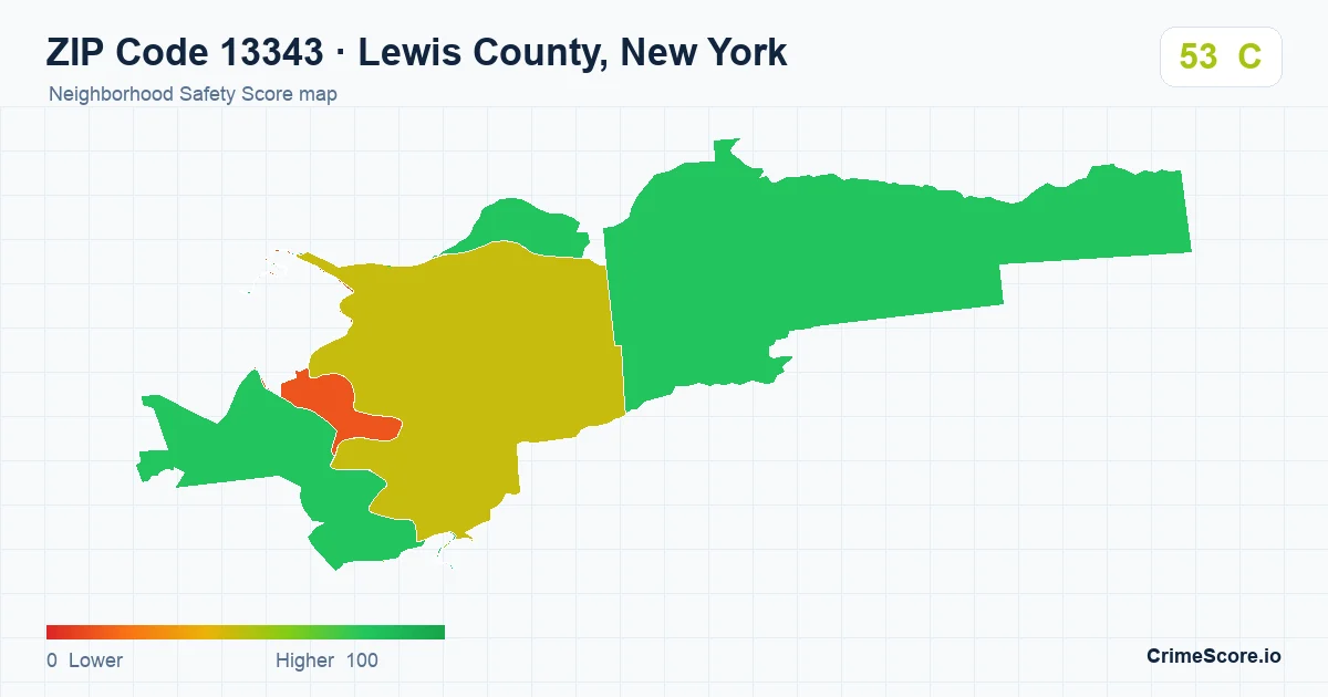 ZIP Code 13343 in Lewis County, New York neighborhood Safety Score map