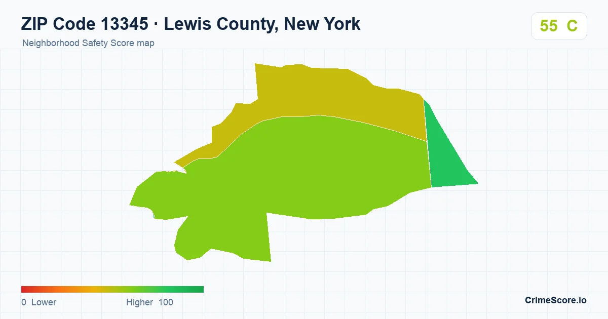 ZIP Code 13345 in Lewis County, New York neighborhood Safety Score map