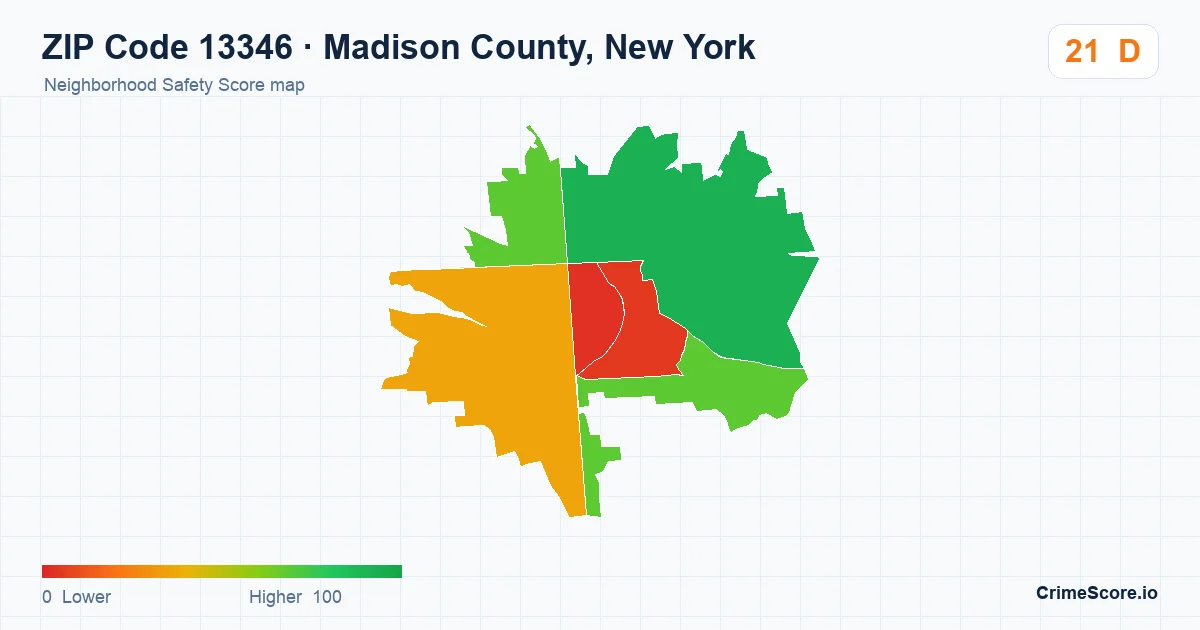 ZIP Code 13346 in Madison County, New York neighborhood Safety Score map