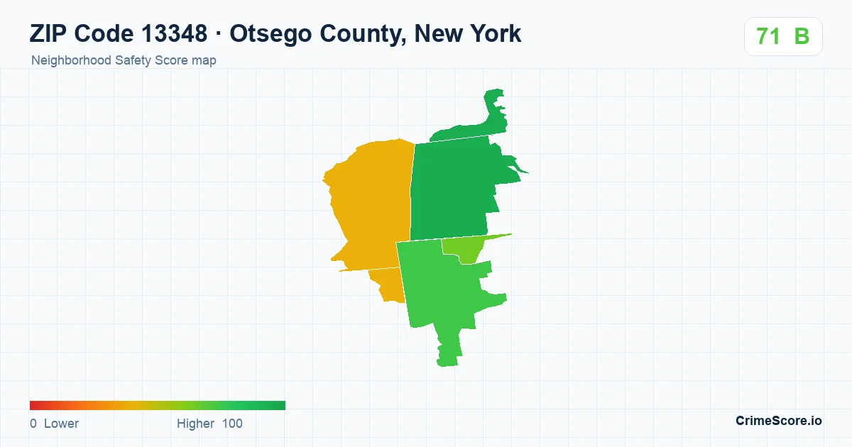 ZIP Code 13348 in Otsego County, New York neighborhood Safety Score map