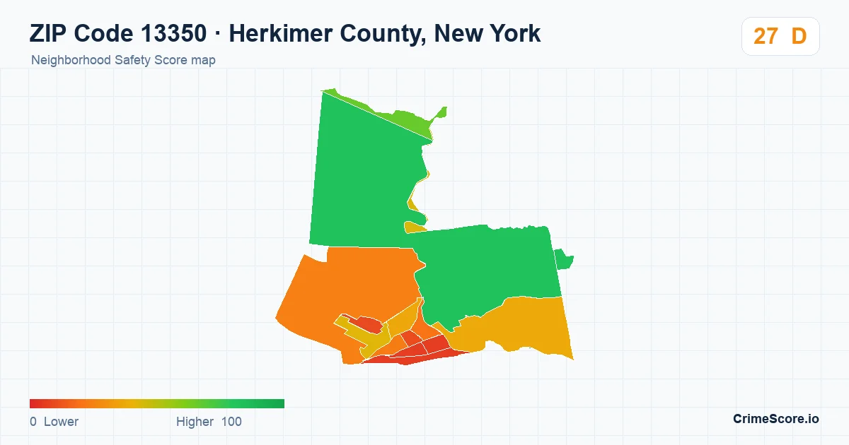 ZIP Code 13350 in Herkimer County, New York neighborhood Safety Score map