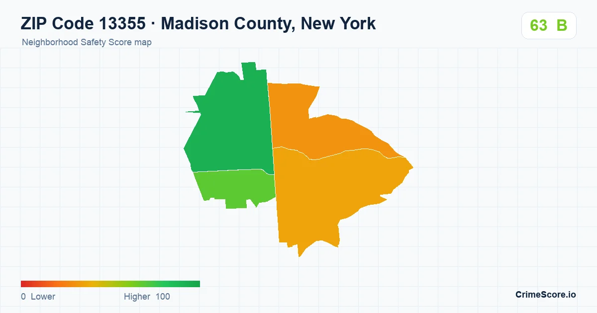 ZIP Code 13355 in Madison County, New York neighborhood Safety Score map