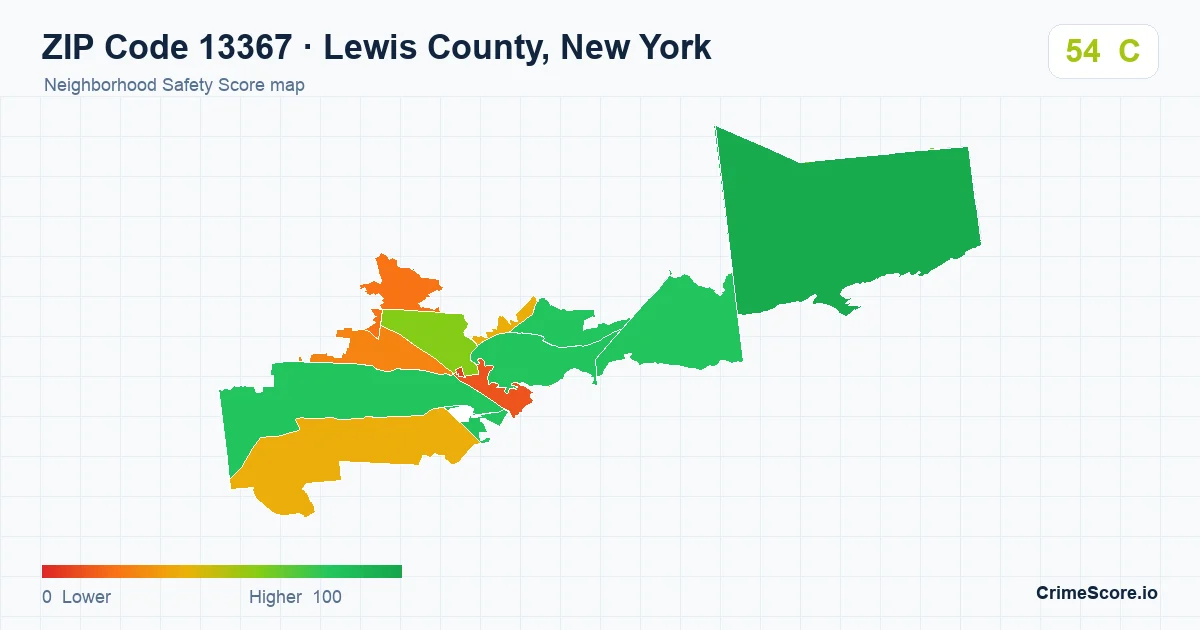 ZIP Code 13367 in Lewis County, New York neighborhood Safety Score map