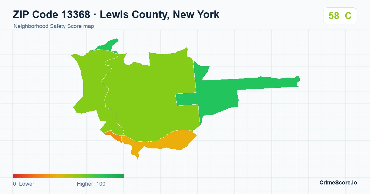 ZIP Code 13368 in Lewis County, New York neighborhood Safety Score map