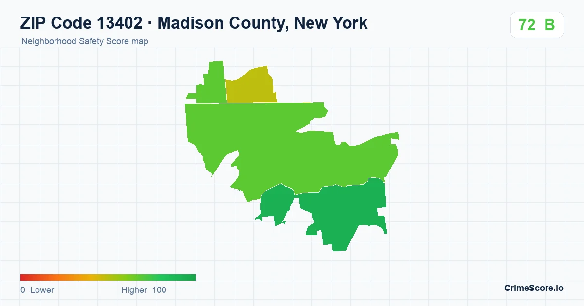 ZIP Code 13402 in Madison County, New York neighborhood Safety Score map