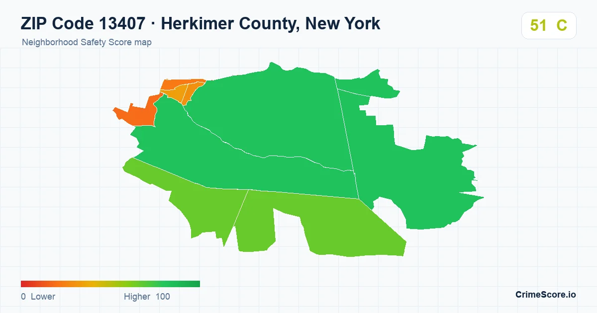 ZIP Code 13407 in Herkimer County, New York neighborhood Safety Score map
