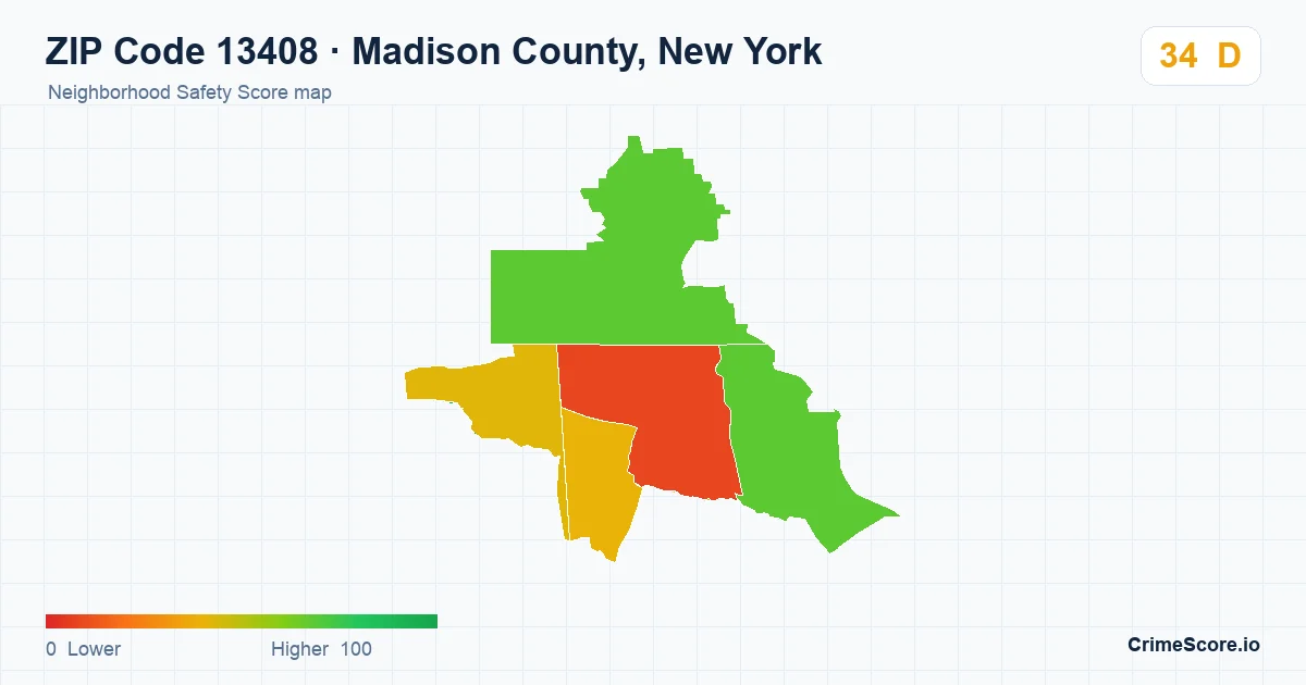 ZIP Code 13408 in Madison County, New York neighborhood Safety Score map