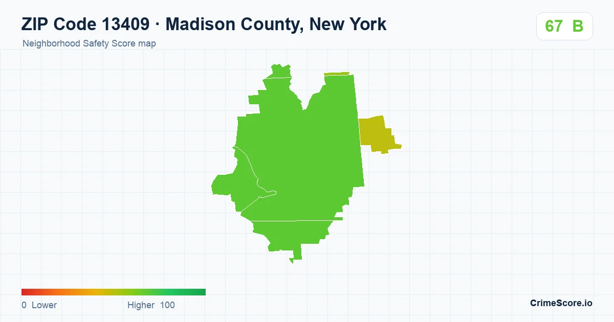 ZIP Code 13409 in Madison County, New York neighborhood Safety Score map