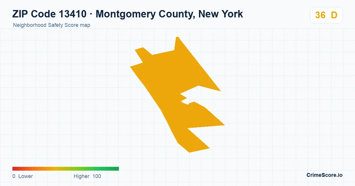 ZIP Code 13410 in Montgomery County, New York neighborhood Safety Score map