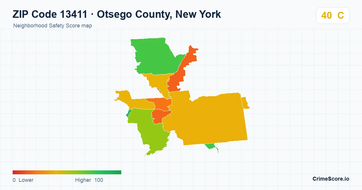 ZIP Code 13411 in Otsego County, New York neighborhood Safety Score map