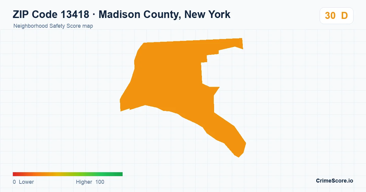 ZIP Code 13418 in Madison County, New York neighborhood Safety Score map