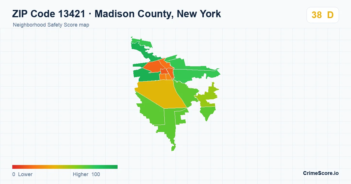 ZIP Code 13421 in Madison County, New York neighborhood Safety Score map