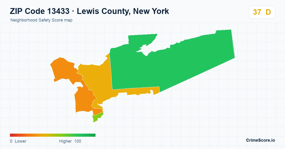 ZIP Code 13433 in Lewis County, New York neighborhood Safety Score map