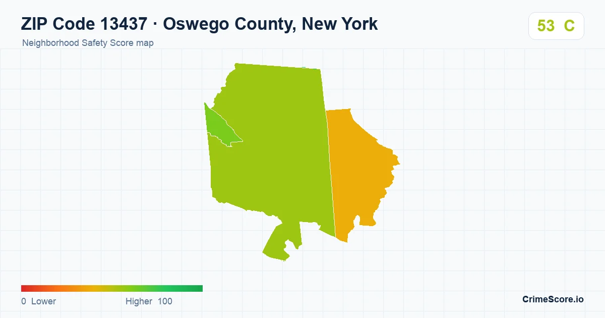 ZIP Code 13437 in Oswego County, New York neighborhood Safety Score map
