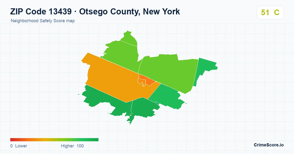 ZIP Code 13439 in Otsego County, New York neighborhood Safety Score map