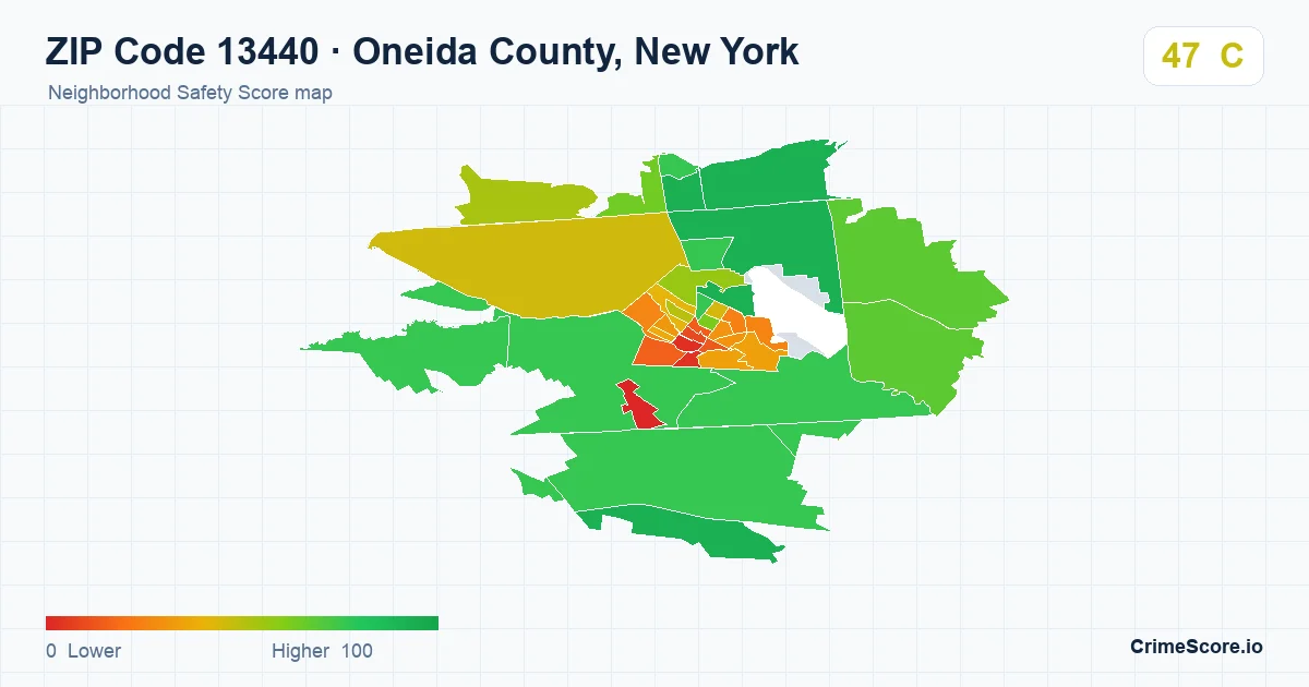 ZIP Code 13440 in Oneida County, New York neighborhood Safety Score map
