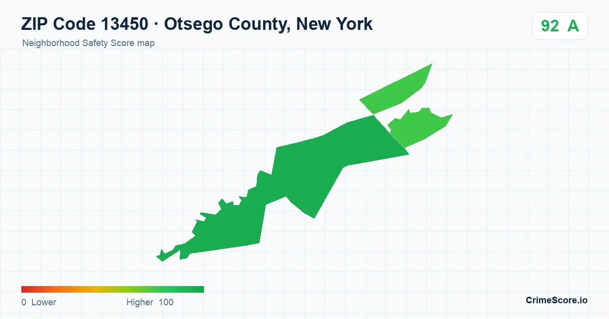 ZIP Code 13450 in Otsego County, New York neighborhood Safety Score map