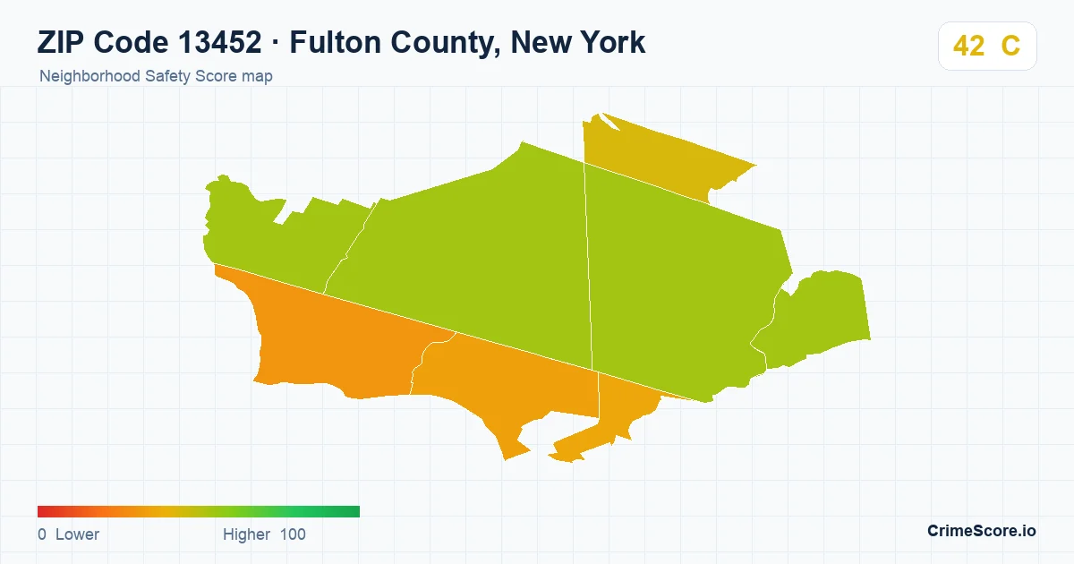 ZIP Code 13452 in Fulton County, New York neighborhood Safety Score map