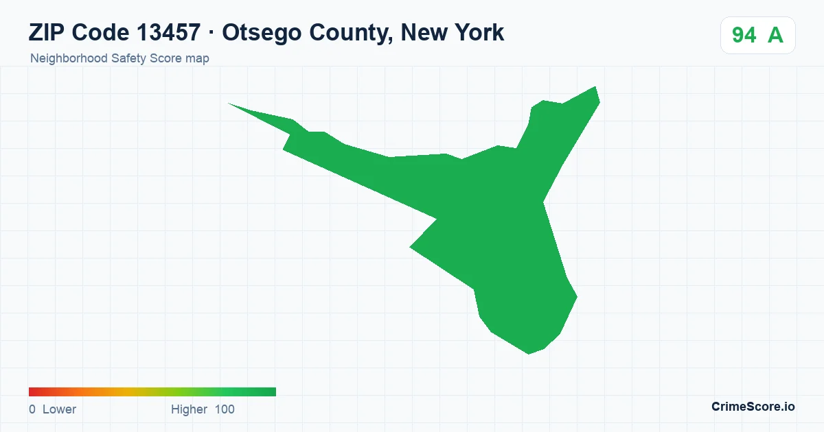 ZIP Code 13457 in Otsego County, New York neighborhood Safety Score map