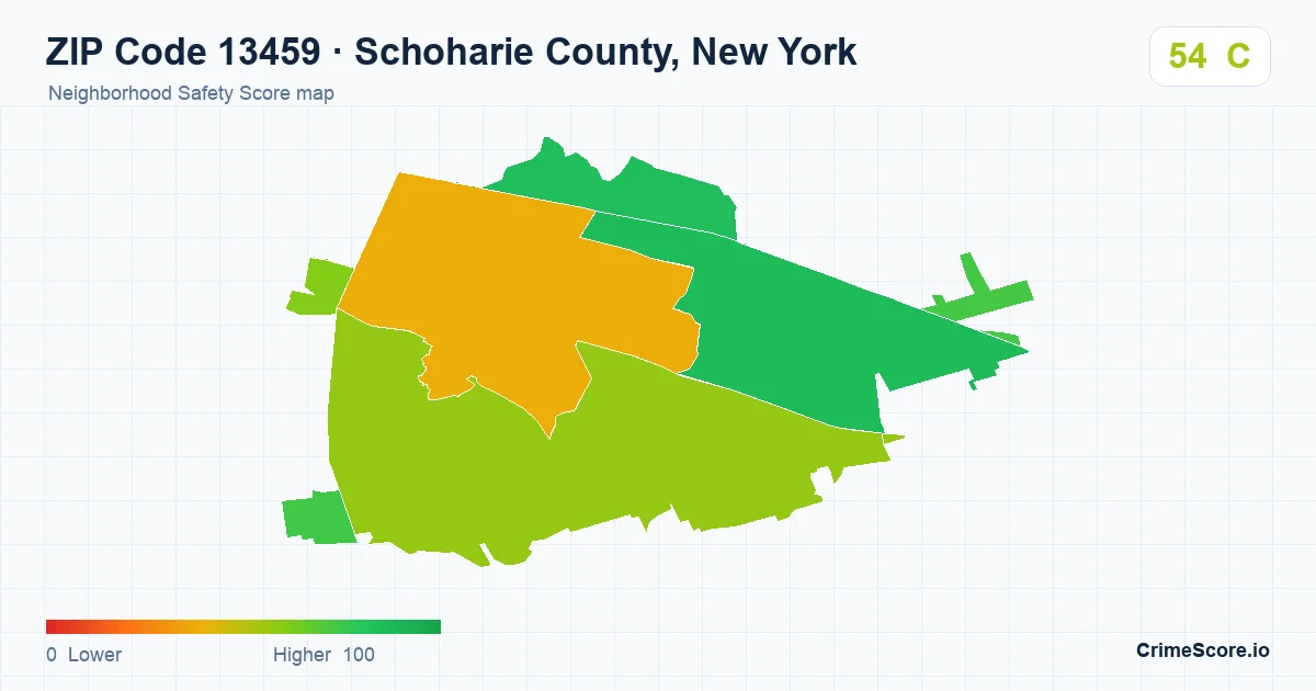 ZIP Code 13459 in Schoharie County, New York neighborhood Safety Score map