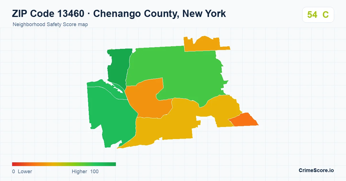 ZIP Code 13460 in Chenango County, New York neighborhood Safety Score map
