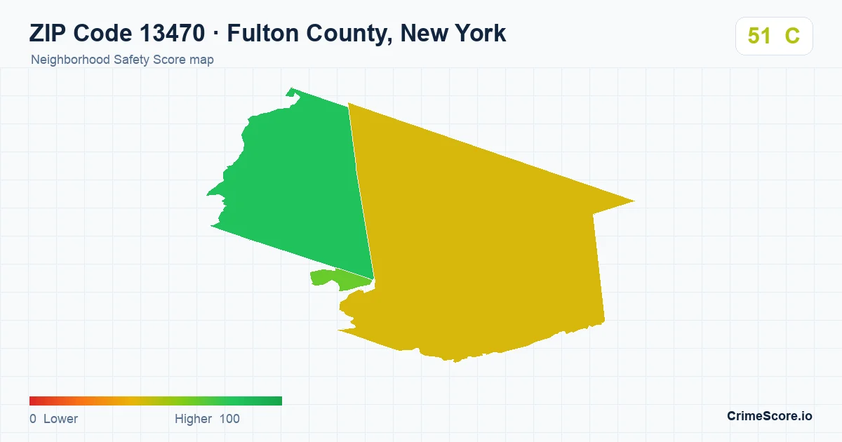 ZIP Code 13470 in Fulton County, New York neighborhood Safety Score map