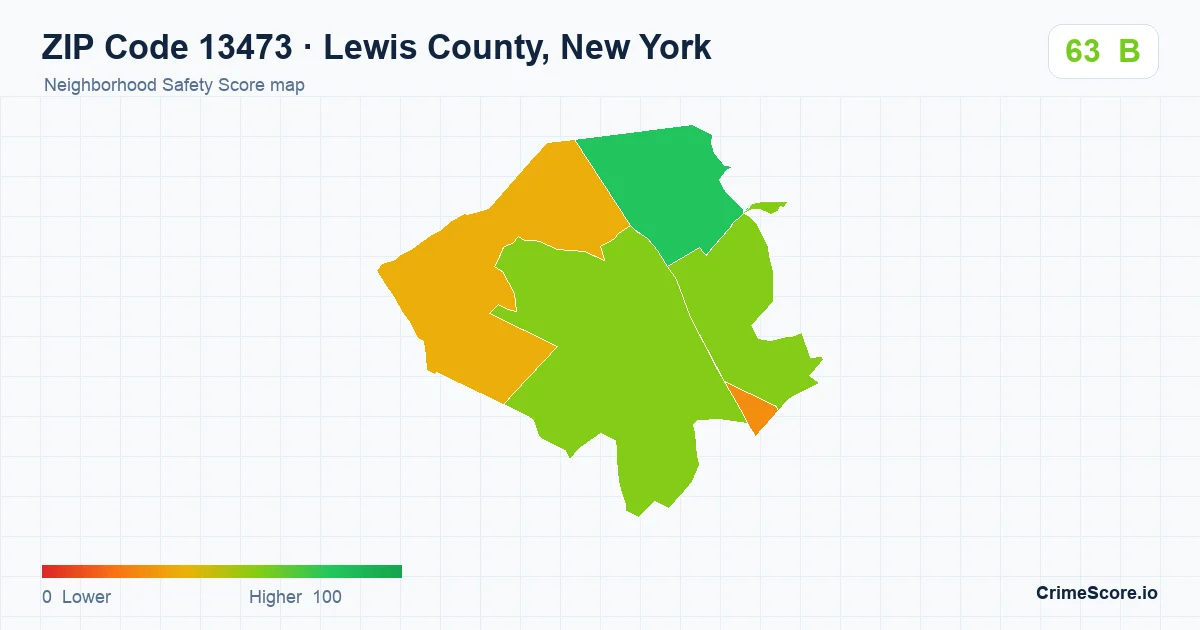 ZIP Code 13473 in Lewis County, New York neighborhood Safety Score map