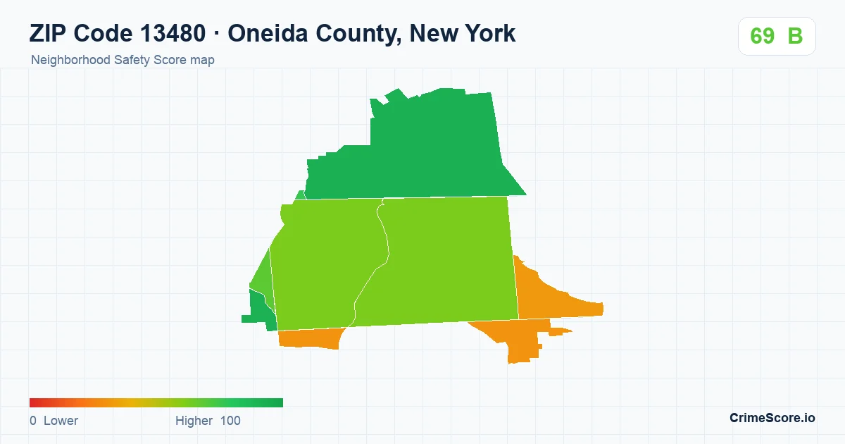 ZIP Code 13480 in Oneida County, New York neighborhood Safety Score map