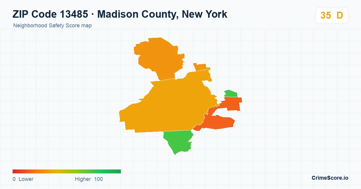 ZIP Code 13485 in Madison County, New York neighborhood Safety Score map