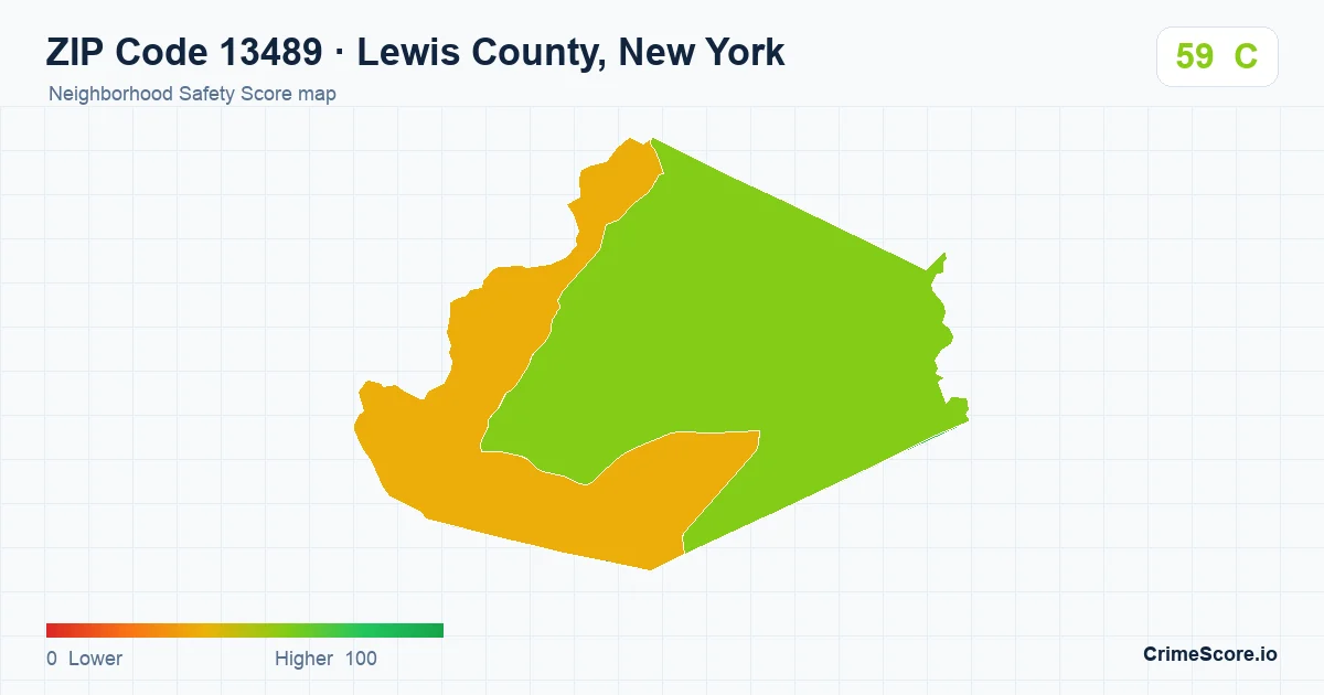 ZIP Code 13489 in Lewis County, New York neighborhood Safety Score map