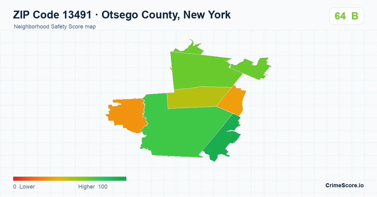 ZIP Code 13491 in Otsego County, New York neighborhood Safety Score map