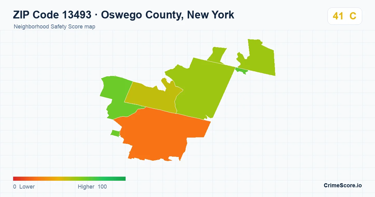 ZIP Code 13493 in Oswego County, New York neighborhood Safety Score map