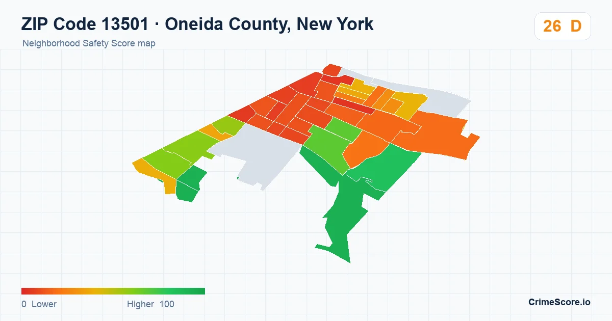 ZIP Code 13501 in Oneida County, New York neighborhood Safety Score map