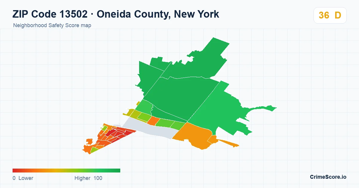 ZIP Code 13502 in Oneida County, New York neighborhood Safety Score map