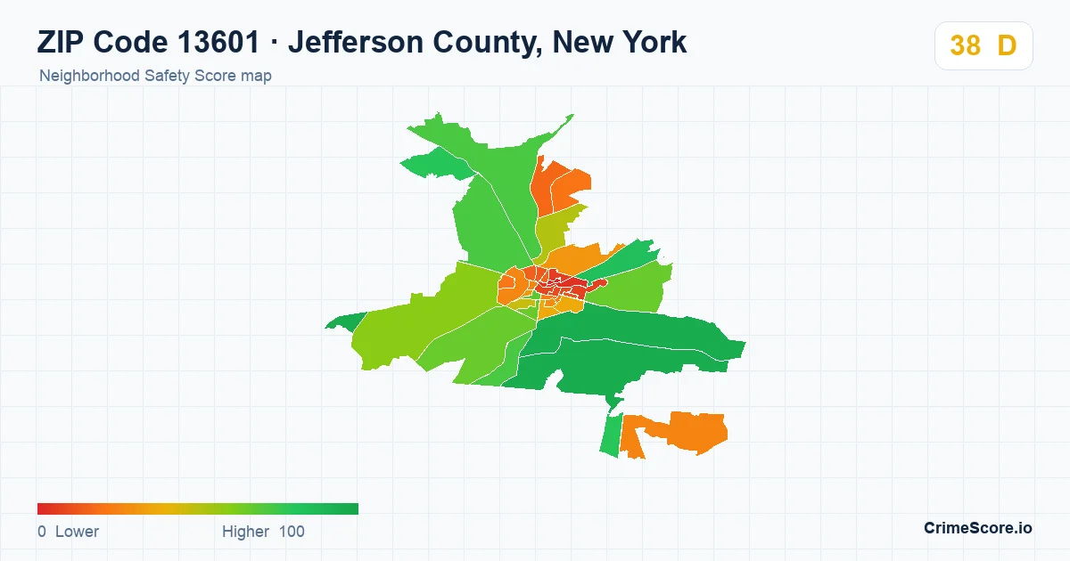 ZIP Code 13601 in Jefferson County, New York neighborhood Safety Score map