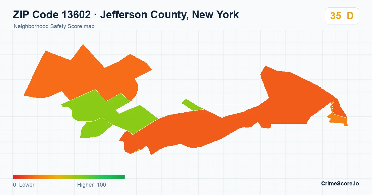 ZIP Code 13602 in Jefferson County, New York neighborhood Safety Score map