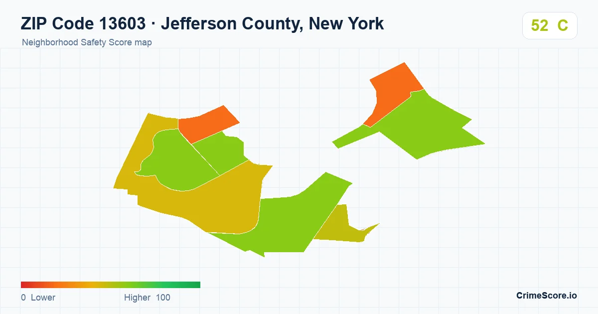 ZIP Code 13603 in Jefferson County, New York neighborhood Safety Score map