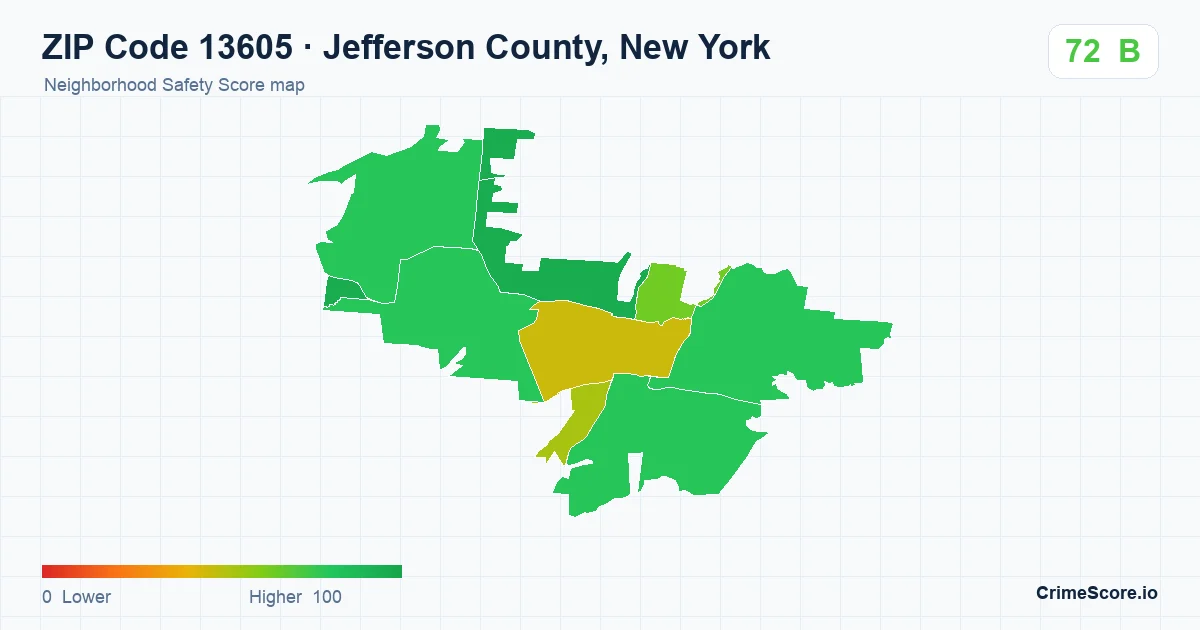 ZIP Code 13605 in Jefferson County, New York neighborhood Safety Score map
