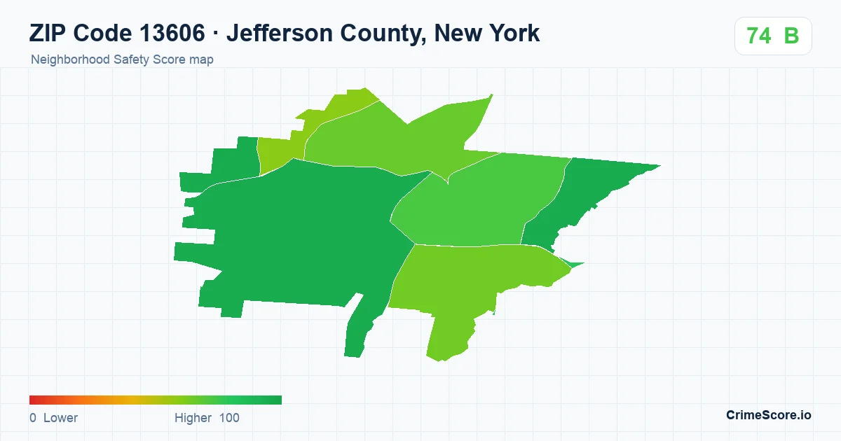 ZIP Code 13606 in Jefferson County, New York neighborhood Safety Score map