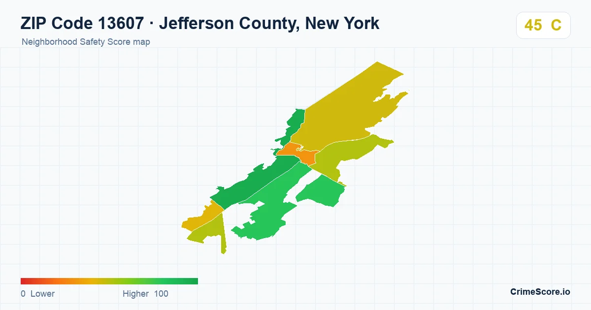 ZIP Code 13607 in Jefferson County, New York neighborhood Safety Score map