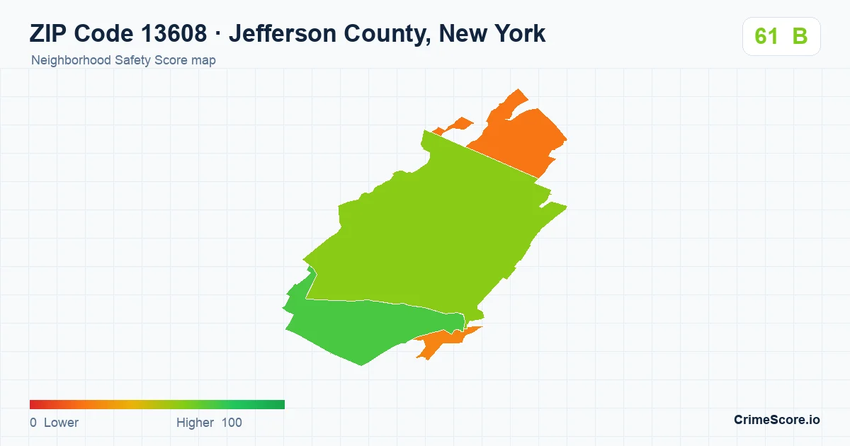 ZIP Code 13608 in Jefferson County, New York neighborhood Safety Score map