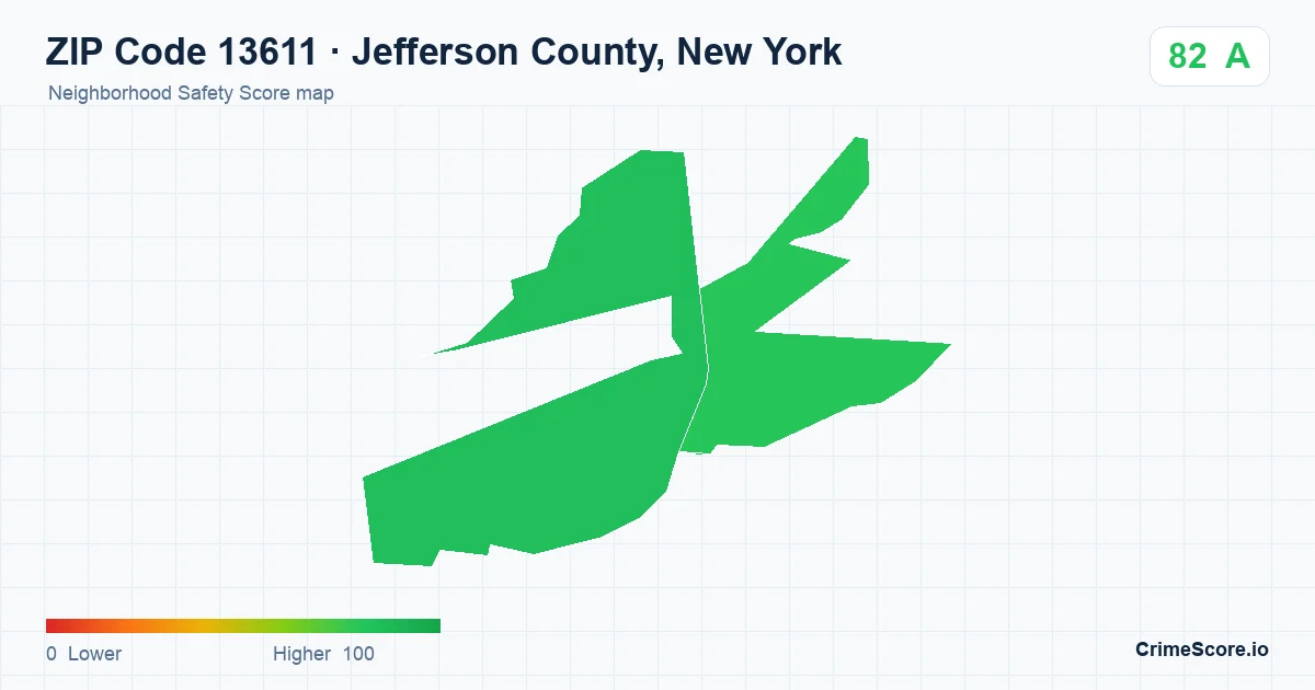 ZIP Code 13611 in Jefferson County, New York neighborhood Safety Score map