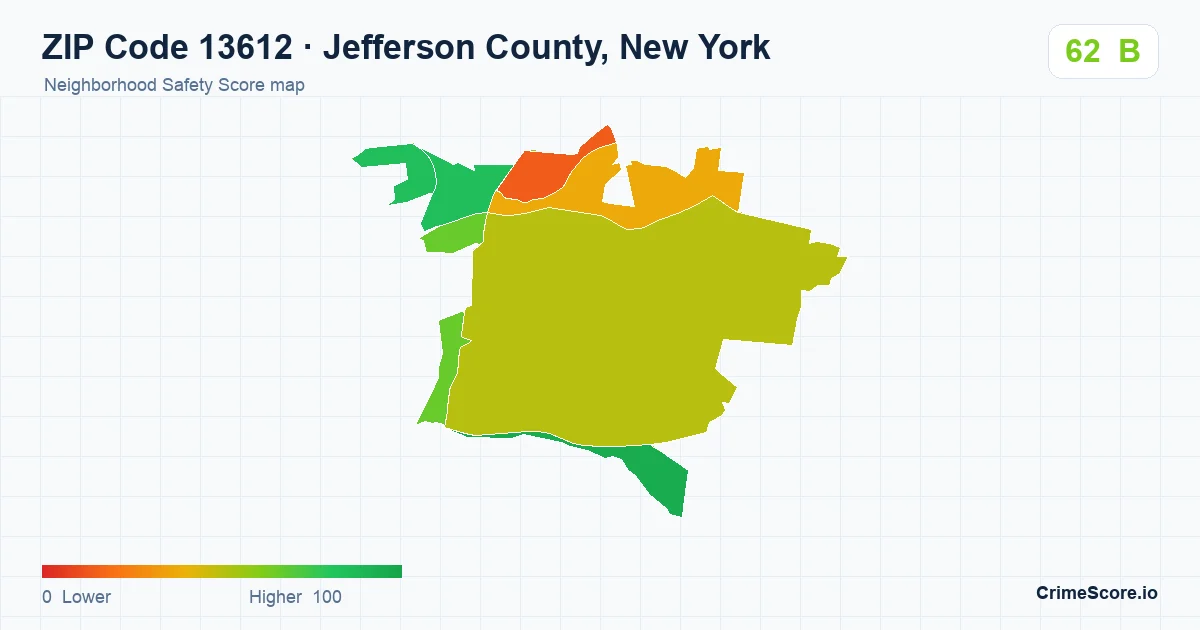ZIP Code 13612 in Jefferson County, New York neighborhood Safety Score map
